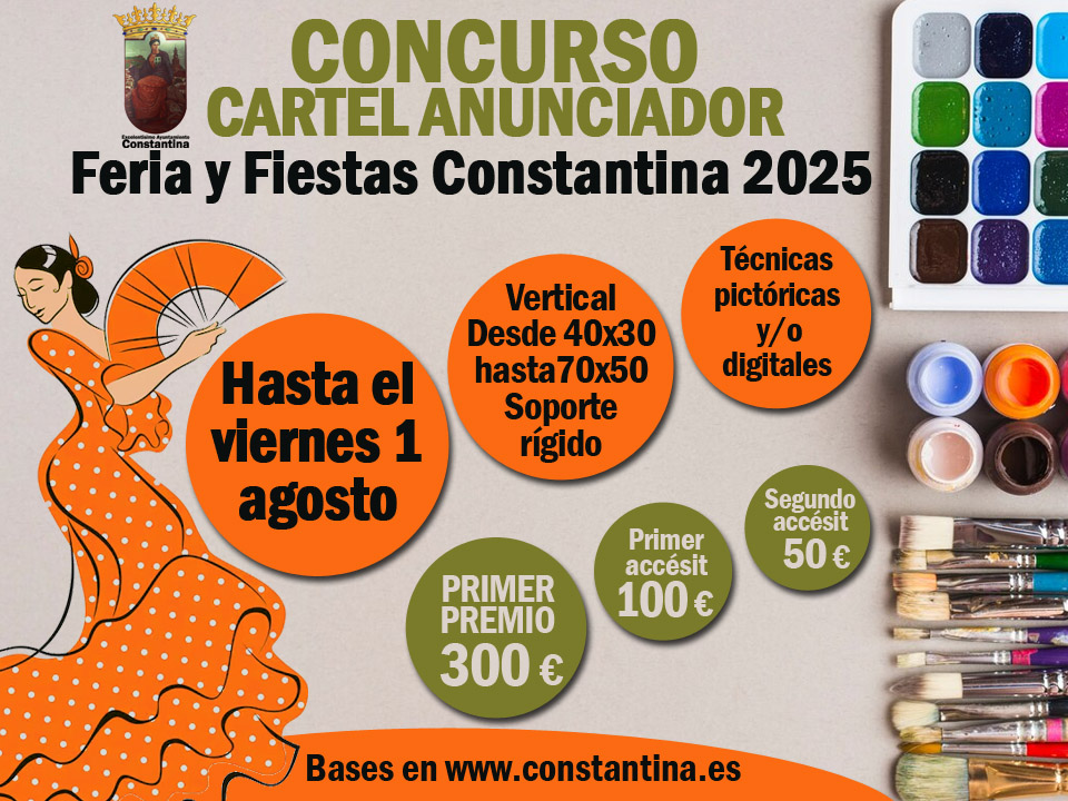 🎨👩🏻‍🎨🖥️💃🏻 Recordad que hoy comienza el plazo de recepción y tenéis hasta las 14:00 horas del viernes 1 de agosto para presentar las obras del Concurso de Cartel de #Feria #Constantina 2025 en la delegación de Festejos del Ayuntamiento.
 BASES👉🏻 constantina.org/export/sites/c…
