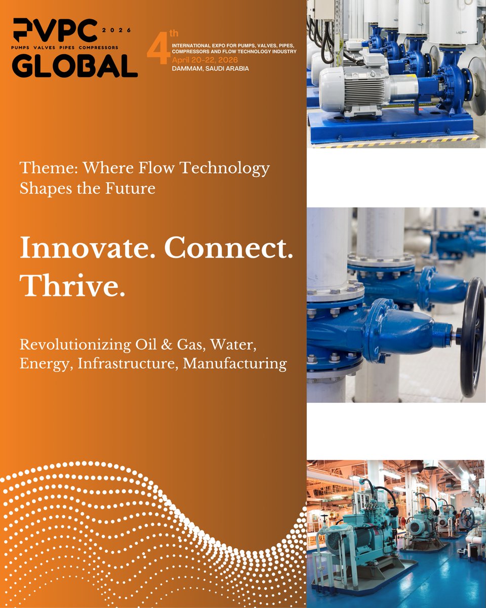 Hazmevents's tweet image. Introducing Our theme, &quot;Where Flow Technology Shapes the Future,&quot; that encapsulates the essence of PVPC GLOBAL 2026. 

Join us as we Innovate. Connect. Thrive.
📍 April 20–22, 2026 | Dammam, Saudi Arabia
Explore the future: pvpcglobal.com

#FutureOfFlow #PVPCLOGBAL