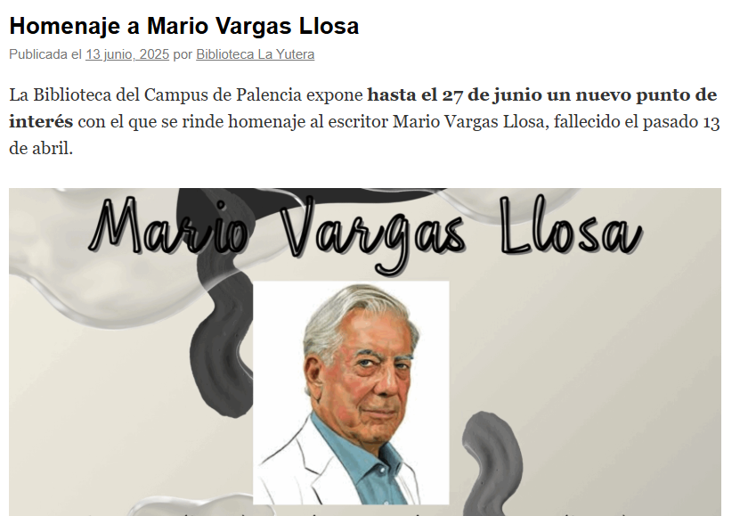 🟣Homenaje Mario Vargas Llosa

👁️¿Quieres conocer un dato curioso sobre Vargas Llosa?
...........
🗣️Su padre le ingresó en un colegio militar a los 14 años para desviarle de su inclinación por la literatura

⬇️⬇️  Blog <a href="/LaYutera/">Biblioteca La Yutera</a>
bibliotecayutera.blogs.uva.es/2025/06/13/hom…

<a href="/UVaPalencia/">UVa Campus de Palencia</a>