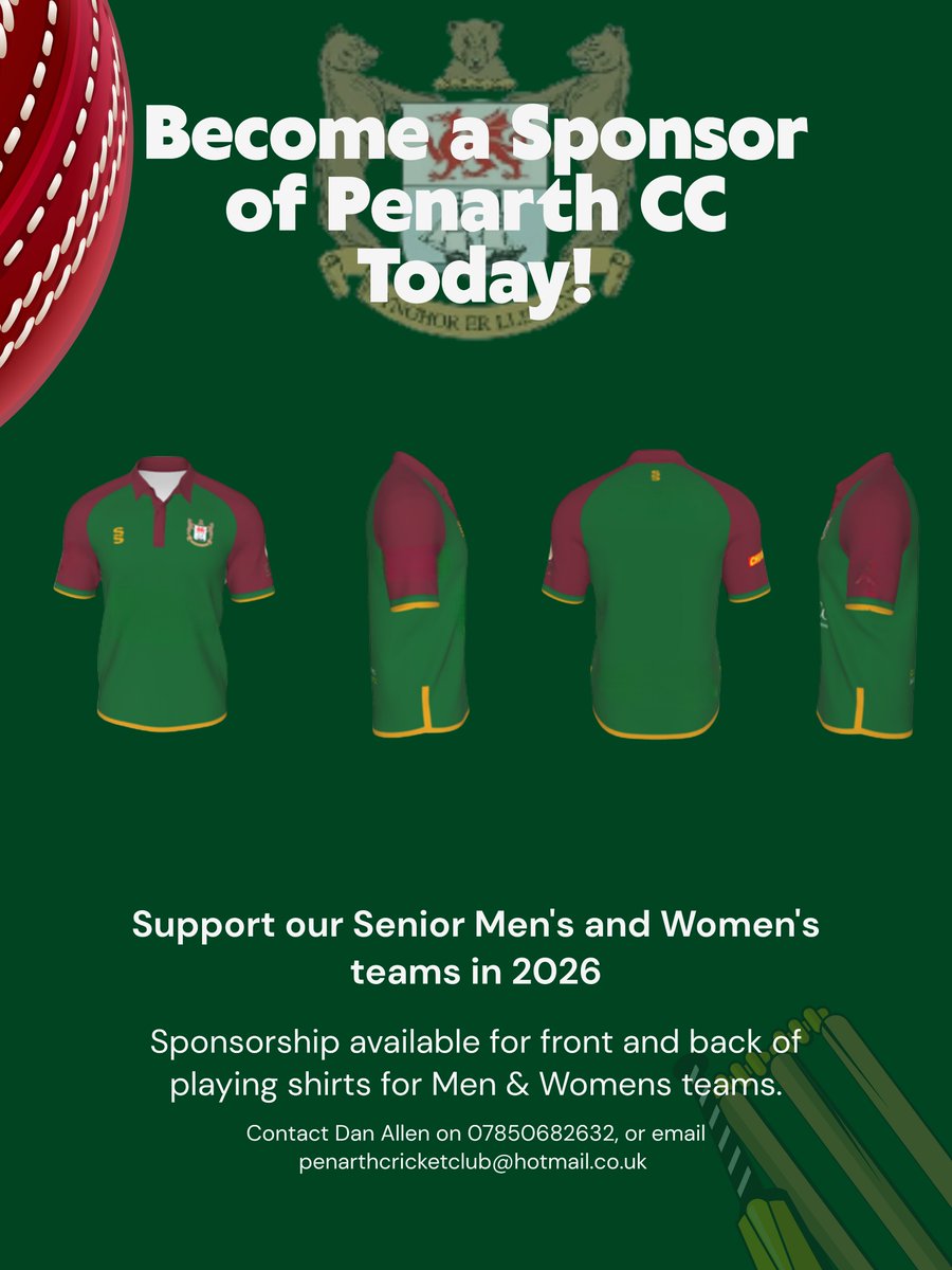 Penarth Cricket Club (@penarthcricket) on Twitter photo 📢 Sponsor Penarth CC! Limited shirt spots: Senior Men’s/Women’s Front £2K/yr (3yr)/Back £1.5K; Junior Front £2K/yr (3yr)/Backs £1.5K/Sleeve £500. First-come, sector-exclusive. Boost visibility & support youth/women’s cricket. DM/email penarthcricketclub@hotmail.com #PenarthCC 📢 Sponsor Penarth CC! Limited shirt spots: Senior Men’s/Women’s Front £2K/yr (3yr)/Back £1.5K; Junior Front £2K/yr (3yr)/Backs £1.5K/Sleeve £500. First-come, sector-exclusive. Boost visibility & support youth/women’s cricket. DM/email penarthcricketclub@hotmail.com #PenarthCC