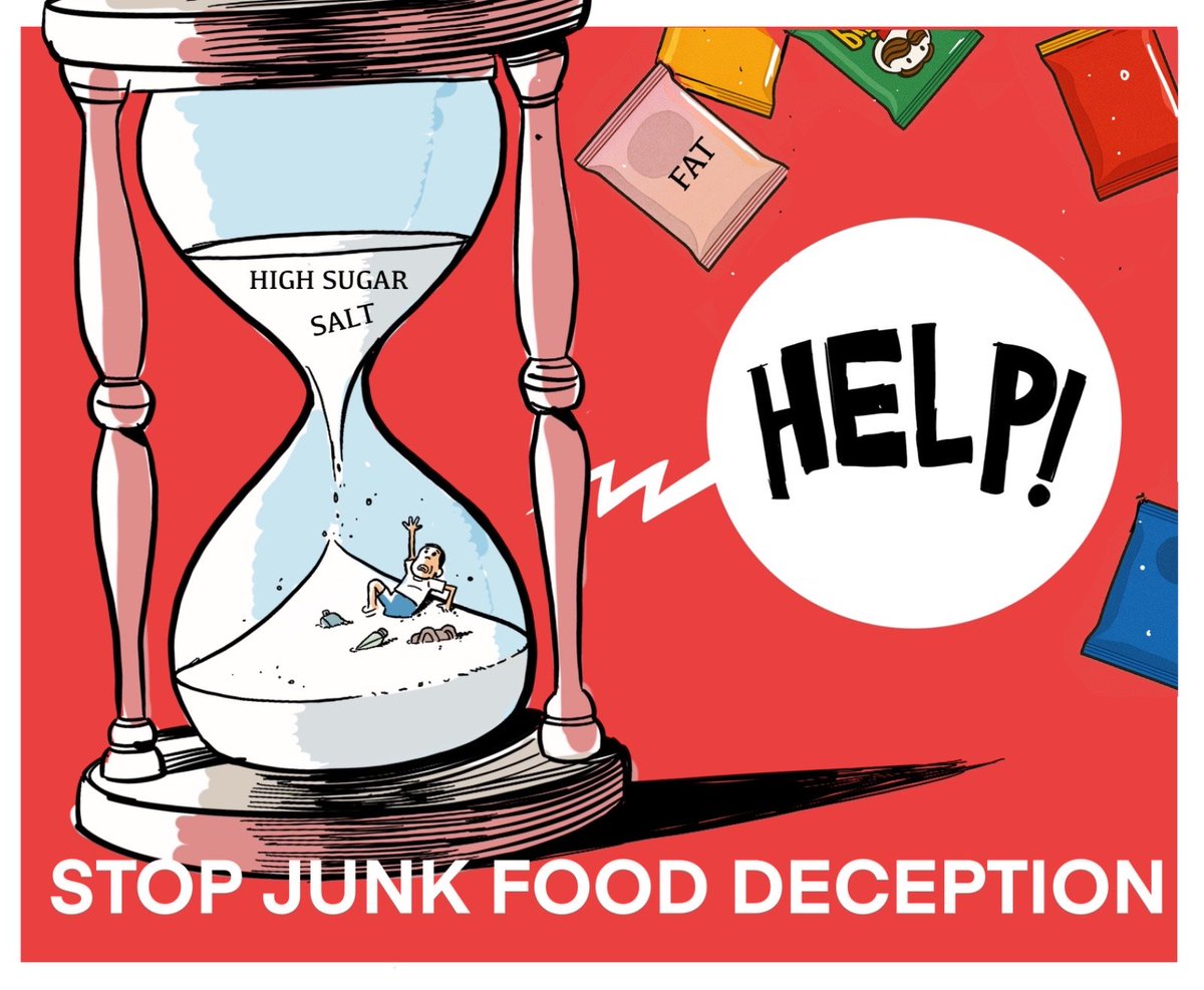 One Message—Stop the Deception
A powerful cartoon to capture the urgent danger of junk food deception. 
Children and youth are being trapped with high salt, sugar, and saturated fat, yet sold without clear warnings.
🚫 And the current system does nothing to warn parents or kids.