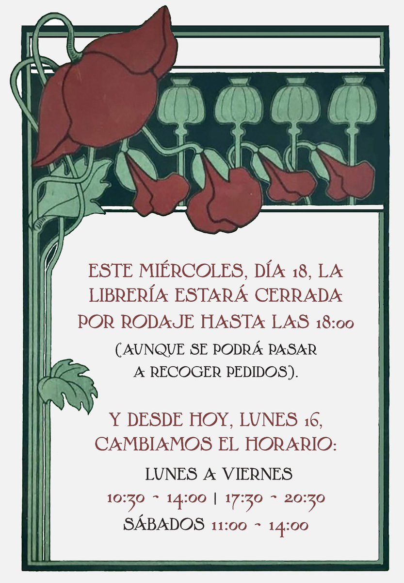 libreriacelama's tweet image. Este miércoles Celama será un mini set de rodaje, y aunque no se podrá mirar libros con normalidad, sí se podrá entrar a recoger pedidos y se atenderá el teléfono y el correo. Pedimos disculpas por las molestias.
Y, a partir de hoy, cambiamos ligeramente el horario. ☀️