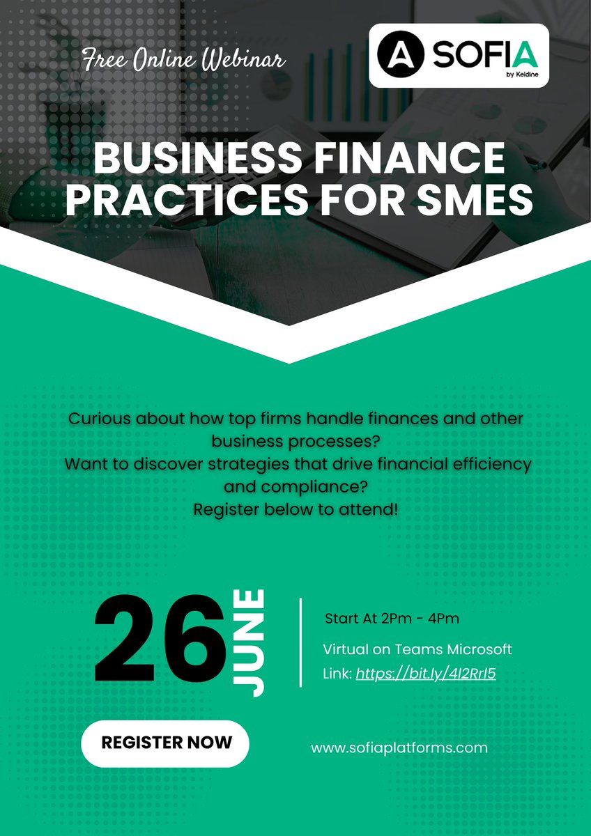 Sofiaplatforms's tweet photo. 📣 Calling all SME owners, consultants, and startup founders!
 Join us for a #FREE webinar on Smart Business Finance Practices for SMEs – happening on Thursday, 26th June at 10:00 AM (EAT).

🔗 Register here: https://t.co/F3um0EBMkk https://t.co/lcPwjeNDAd