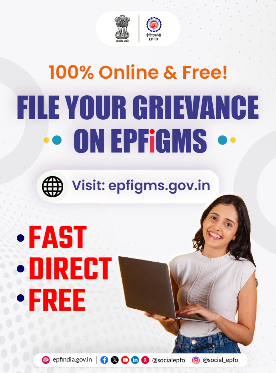 EPFiGMS is EPFO’s dedicated grievance redressal portal. File complaints from anywhere—your grievance will automatically reach the concerned EPFO office.

EPFiGMS Portal: epfigms.gov.in/Grievance/Grie…

#EPFO #ईपीएफओ #EPF #ईपीएफ #EPS #ईपीएस #पीएफ #EPFiGMS #EPFOwithYou #HumHainNaa