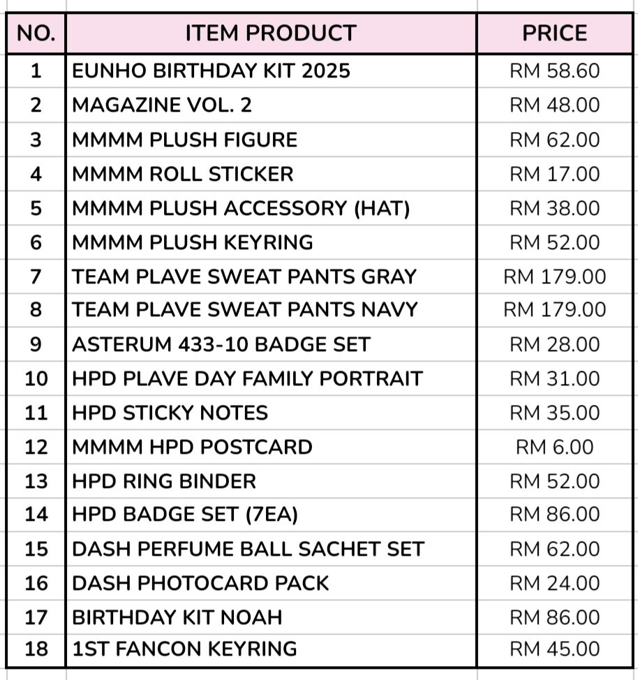 9LUNNE's tweet photo. [VLASTSHOP GROUP ORDER]

- HAPPY PLAVE DAY MD RESTOCK
- Other MD also available to buy
- If you have any other request item from VLASTSHOP, I will check stock and tell the price

💰 Price refer pic
*Price exc EMS &amp; local postage

https://t.co/JMStLL2Rha
#pasarPLAVE #pasarKPOP https://t.co/mvuGEKRsPM