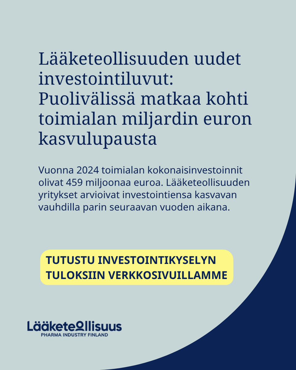 📢 Lääketeollisuuden uudet investointiluvut: puolivälissä matkaa kohti toimialan miljardin euron kasvulupausta 📢

Julkaisimme vuosittaisen investointikyselymme tulokset. Vuonna 2024 kokonaisinvestoinnit olivat 459 miljoonaa euroa. Tutkimukseen ja tuotekehitykseen investoitiin