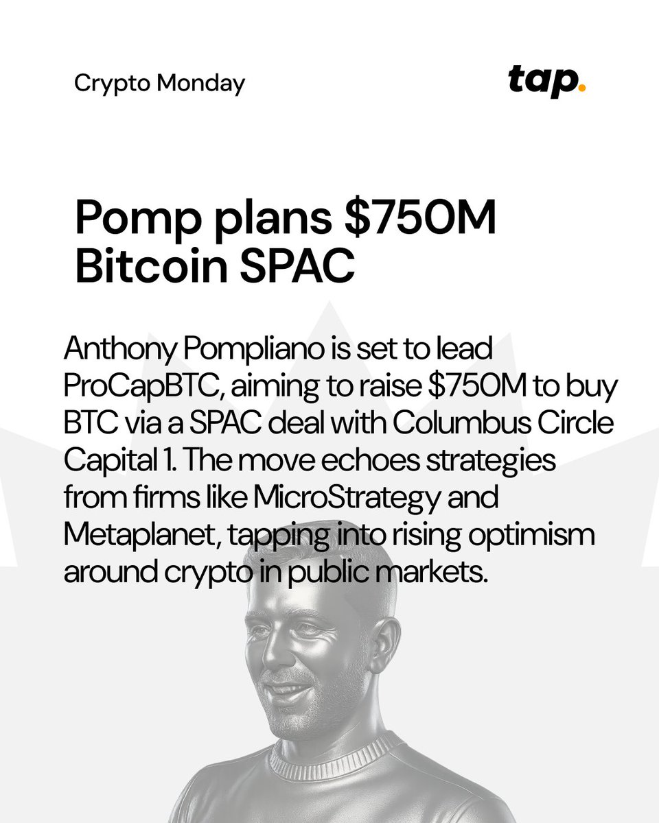 Tap (@tap_fintech) on Twitter photo 📰 Crypto Monday – Tap Recap (9 - 16 June)
Your weekly crypto catch-up, short and sharp.
🚀 <a href="/TapGlobalPlc/">Tap Global Group Plc</a> eyes <a href="/LSEGplc/">LSEG</a> AIM listing
📊 Markets converge as assets rally
🚀 <a href="/APompliano/">Anthony Pompliano 🌪</a> plans $750M $BTC SPAC
Read full breakdown👉withtap.com/blog/crypto-up…
See you next Monday! 📰 Crypto Monday – Tap Recap (9 - 16 June)
Your weekly crypto catch-up, short and sharp.
🚀 <a href="/TapGlobalPlc/">Tap Global Group Plc</a> eyes <a href="/LSEGplc/">LSEG</a> AIM listing
📊 Markets converge as assets rally
🚀 <a href="/APompliano/">Anthony Pompliano 🌪</a> plans $750M $BTC SPAC
Read full breakdown👉withtap.com/blog/crypto-up…
See you next Monday!
