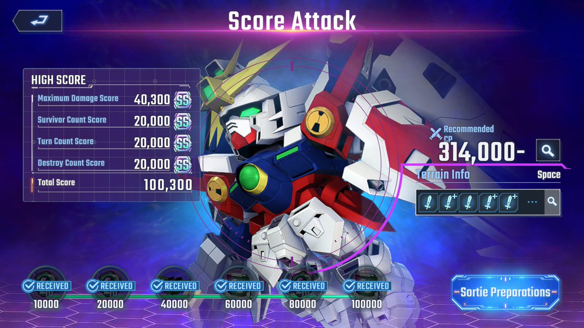 Condition for 100k score : 
-deal 500k damage to Wing Zero in one battle. 
-all units survive 
-2 turn 
-destroy all enemies.

#GundamEternal #ジージェネエターナル