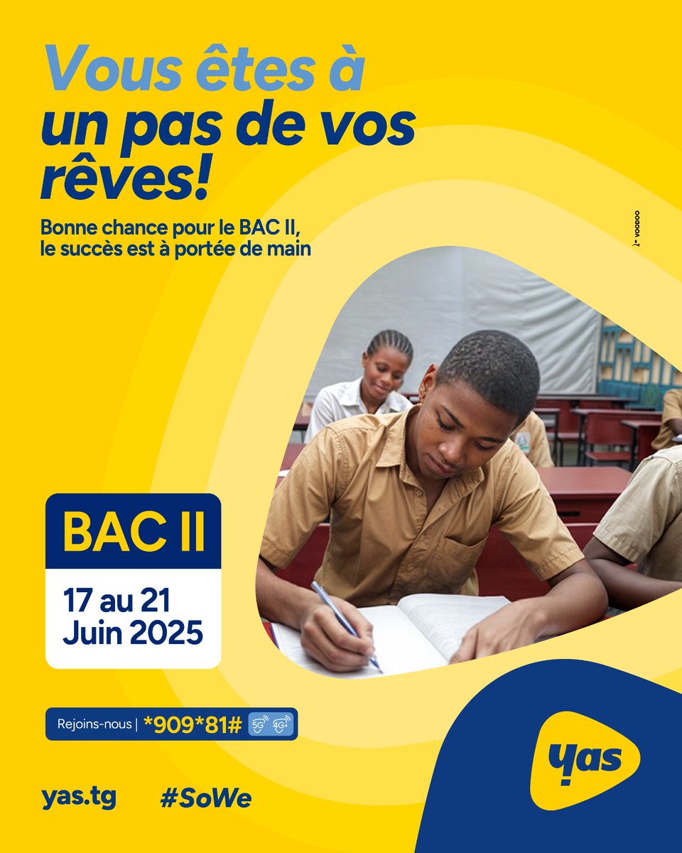 Les rêves deviennent réalité pour ceux qui osent y croire et toi, tu es prêt(e) !🎊

Le BAC II n’est qu’une étape de plus vers tes rêves.💪

Bonne chance, la réussite est déjà en toi !  💥✨

#YasTogo #BAC2025 #BonneChance  #SoWe