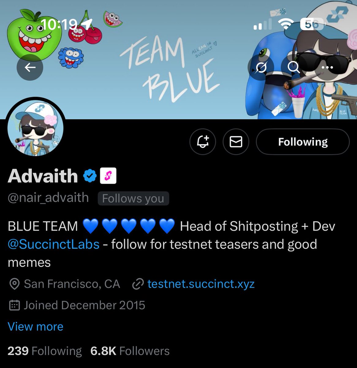 Proof of achievements for Succinct 

- got 14 10k impressions
- got 1.5m impressions since I joined succinct and + 2900 followers
- got stage 1 and stage 2 wl
- got L1 and L2 role
- got a comment from <a href="/SuccinctLabs/">Succinct</a> 
- followed by <a href="/advaith/"></a> 
- got followed today by <a href="/0xCRASHOUT/">crashout</a>