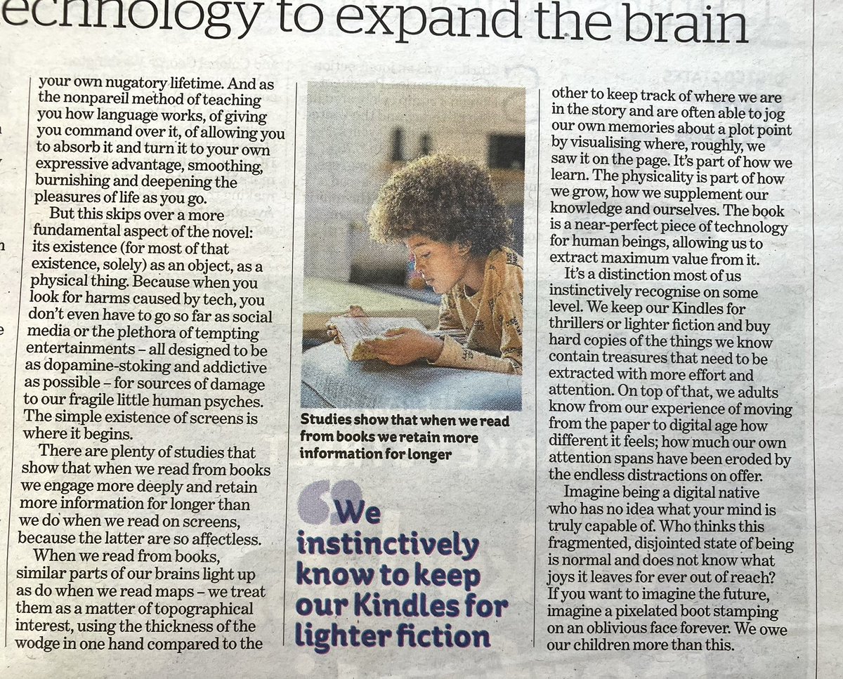Reading books expands the mind - in ways reading from screens doesn’t.

‘Books are the ideal technology to expand the brain’ - Lucy Mangan in the i newspaper