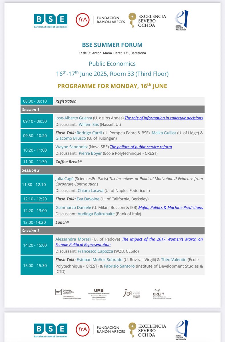 Silvia Vannutelli (@silviavannutell) on Twitter photo We are back for #BSESummerForum Public Economics workshop Co-organized with <a href="/Amedeo_Piolatto/">Amedeo Piolatto</a>, <a href="/LVSalvadori/">Luca Salvadori</a> <a href="/pierrecboyer/">Pierre Boyer</a> <a href="/MBesfamille/">Martin Besfamille</a> and @nina_bonkova! Join us for two days of exciting new research. Here’s a thread 🧵with the highlights! <a href="/bse_barcelona/">Barcelona School of Economics</a> We are back for #BSESummerForum Public Economics workshop Co-organized with <a href="/Amedeo_Piolatto/">Amedeo Piolatto</a>, <a href="/LVSalvadori/">Luca Salvadori</a> <a href="/pierrecboyer/">Pierre Boyer</a> <a href="/MBesfamille/">Martin Besfamille</a> and @nina_bonkova! Join us for two days of exciting new research. Here’s a thread 🧵with the highlights! <a href="/bse_barcelona/">Barcelona School of Economics</a>
