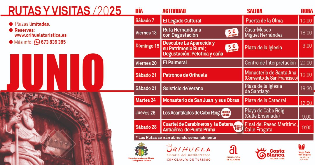 📣 ¡No te quedes sin tu plaza para las próximas rutas!

🌄 Solsticio de Verano – Sábado 21 a las 19:30.

🏛️ Monasterio de San Juan y sus Obras – Martes 24 a las 12:00.

🌊 Los Acantilados de Cabo Roig – Jueves 26 a las 9:00.

🔗 Reserva en: orihuelaturistica.es