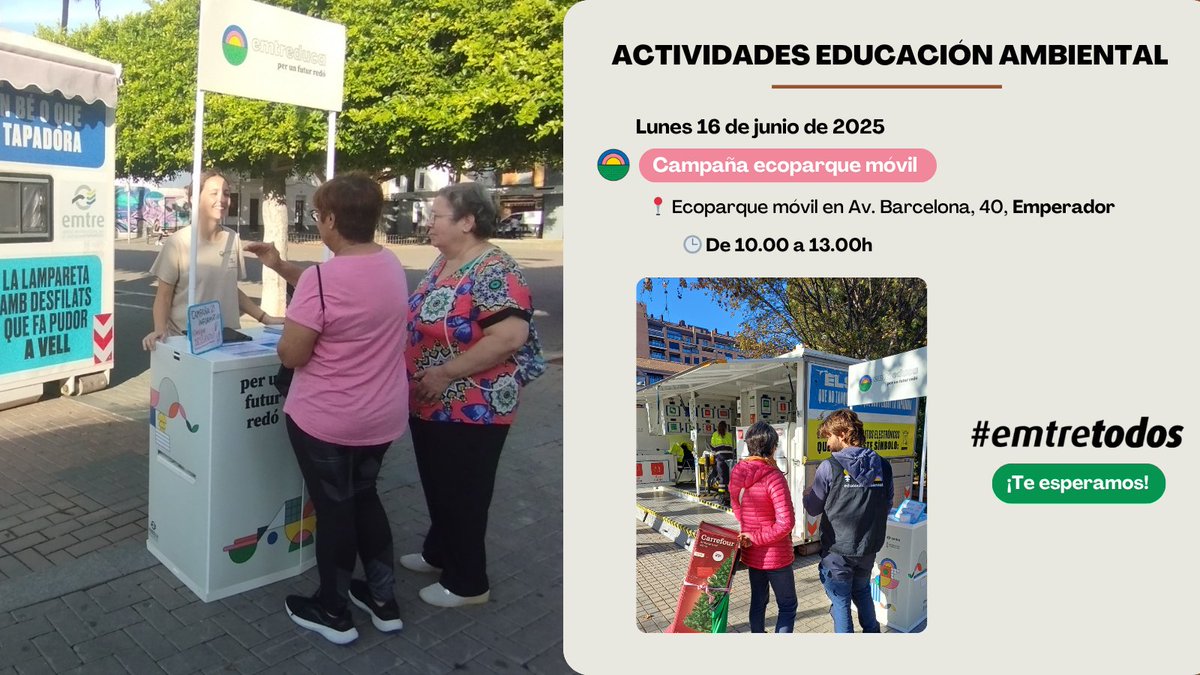 ¡Hoy #emtreduca llega a Emperador!
Te esperamos con nuestra campaña de ecoparque móvil para enseñarte todo lo que puedes reciclar, cómo funciona este servicio y resolver tus dudas en persona ♻️🚛

¡No te lo pierdas! #emtretodos 🙌