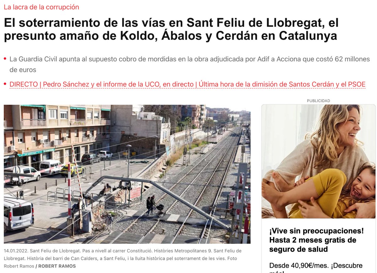 📢La UCO investiga el contrato de 97M€ del soterramiento de las vías en #SantFeliu por Caso Koldo.

⚠️Hay grabaciones del PSOE hablando de "lo de Llobregat". Queremos saber si se han pagado comisiones con el dinero de todos los vecinos.

❌Desde Cs exigimos llegar hasta el final