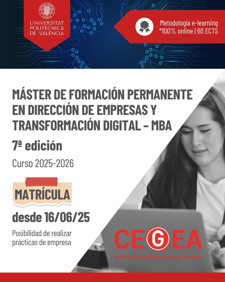 🤗 Ya está abierto el periodo de MATRICULACIÓN para los másteres MBA de CEGEA:
💻 Metodología online y asíncrona
✔ Complementa tu formación y adquiere la visión económico-financiera de la empresa que necesitas
📅 Edición 2025-2026
¡Haz ya tu inscripción!
cfp.upv.es/formacion-perm…