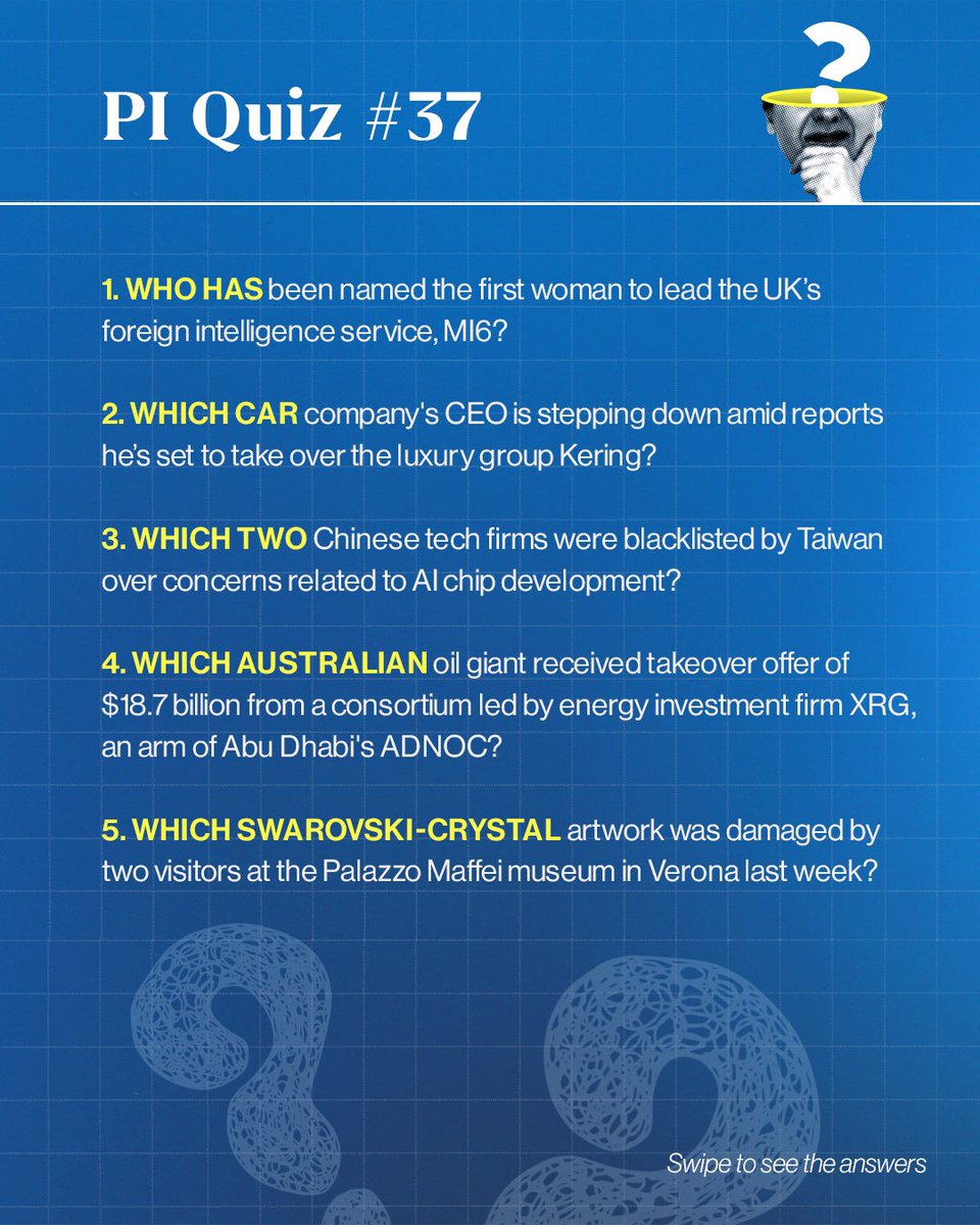 _PressInsider_'s tweet image. #PIQuiz | Been tracking the biggest global shifts this week?
From MI6’s historic new appointment to a luxury shake-up in the auto world, the headlines didn’t hold back.

Swipe through to test your global awareness and see how many you nail.