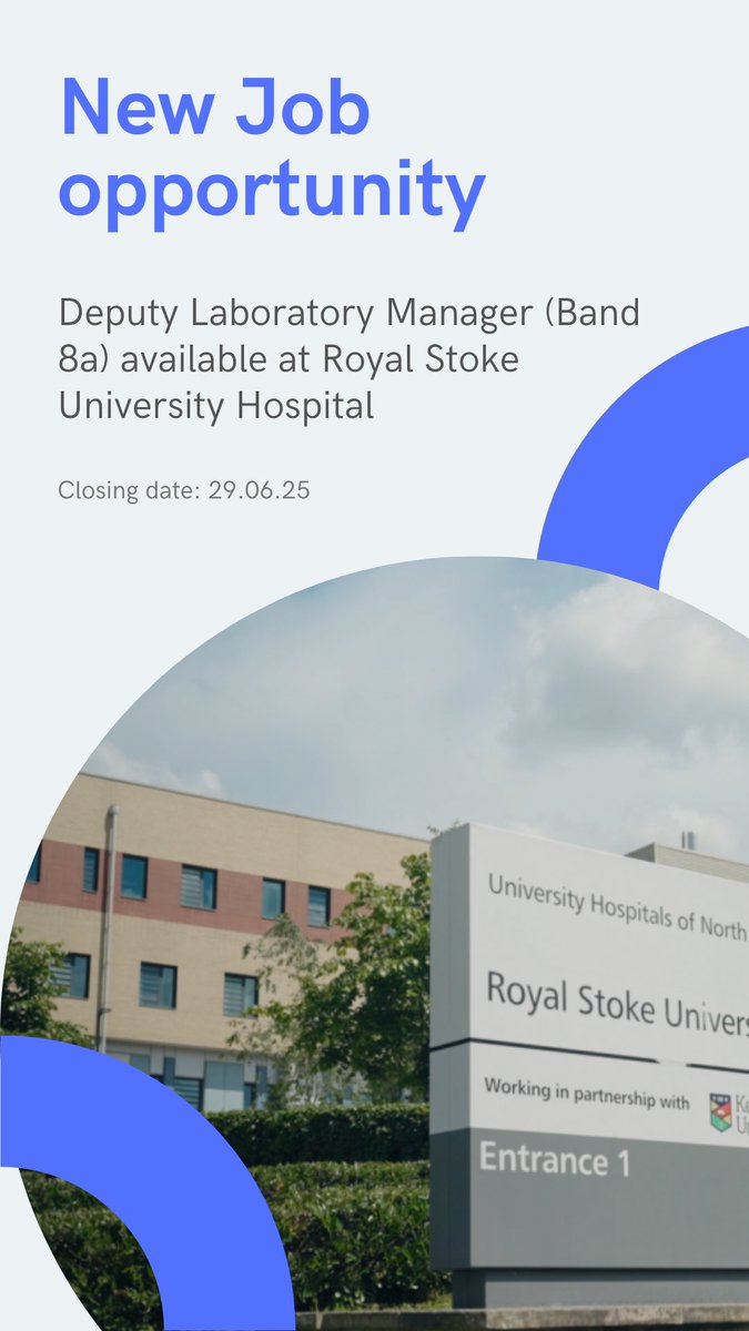 IMPT_news's tweet photo. JOB VACANCY 
Position: Deputy Laboratory Manager (Band 8a)

Location: Royal Stoke University Hospital

For further details please use the following link: https://t.co/6bOuNGFuT1 https://t.co/BgiubgCwbK