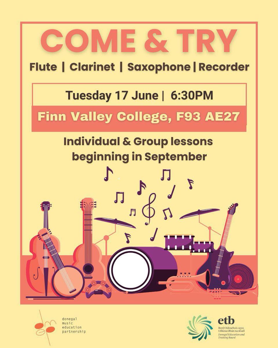 Finn Valley College (@finnvalleycoll) on Twitter photo #Come #Try a musical instrument <a href="/FinnValleyColl/">Finn Valley College</a> this Tuesday, 6.30 pm with Donegal Music Education Partnership, for age 7+ <a href="/DonegalETB/">Donegal ETB</a>
#MusicalJourney #Community
#DontMissOut #Come #Try a musical instrument <a href="/FinnValleyColl/">Finn Valley College</a> this Tuesday, 6.30 pm with Donegal Music Education Partnership, for age 7+ <a href="/DonegalETB/">Donegal ETB</a>
#MusicalJourney #Community
#DontMissOut
