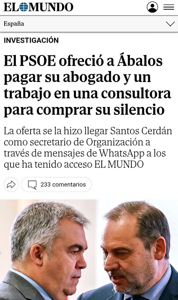 Mientras se hacían los ofendidos y las víctimas de una campaña de bulos y fango, el número 2 de Sánchez, el todopoderoso Cerdán, intentaba comprar el silencio de Ábalos con un sueldazo y pagándole el abogado.                                   

Es imposible  que Sánchez no lo
