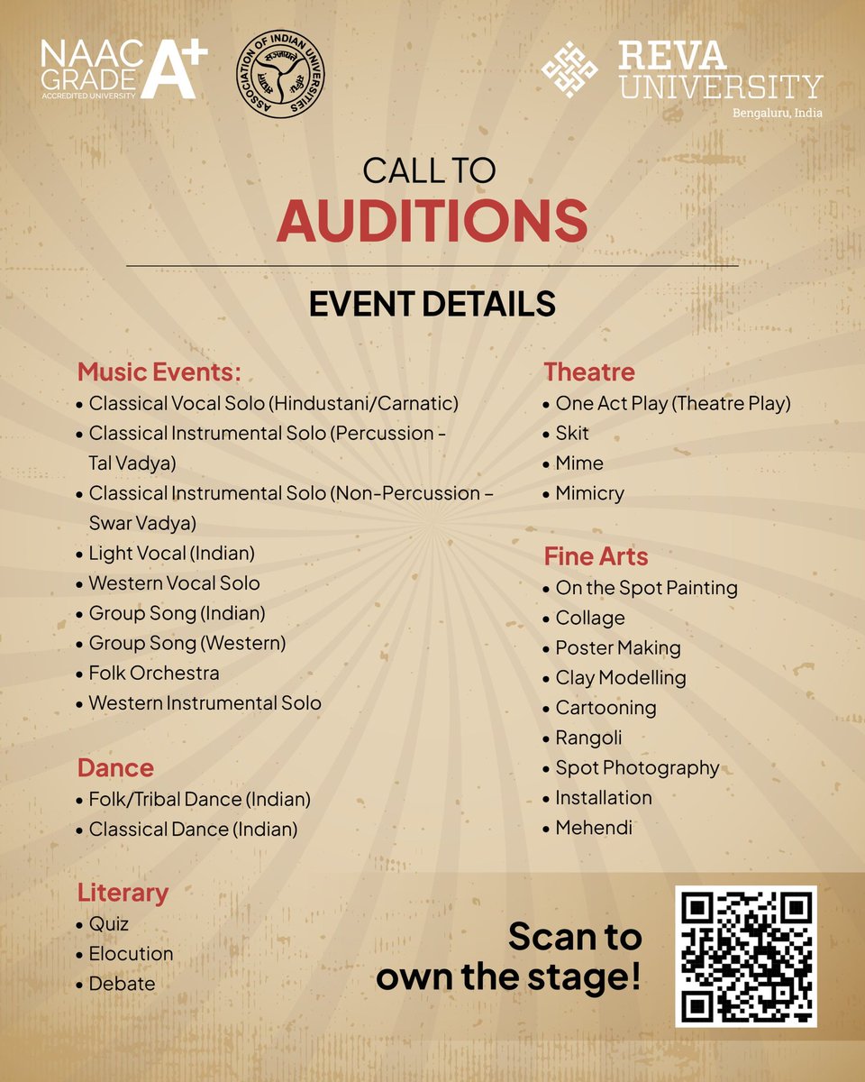 REVA University invites all talented REVAites to step into the spotlight at the AIU Cultural Competition 2025–26 First-Round Auditions!

Whether you dance, act, paint, sing, write, or do it all — this is your moment to shine.

🗓 Date: June 24, 2025
🕑 Time: 2:00 PM
📍 Venue: