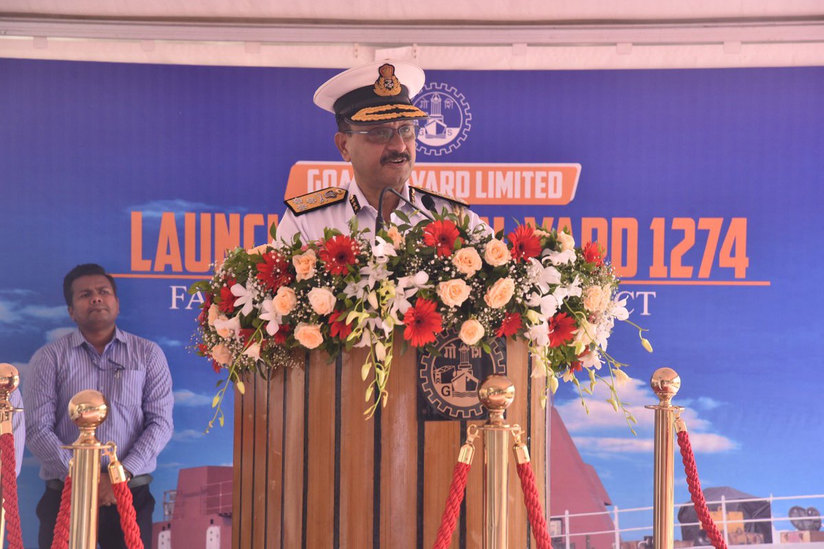 IndiaCoastGuard's tweet photo. @IndiaCoastGuard marks another step towards #AtmanirbharBharat with the ceremonious launch of #FPV #Achal, proudly named by Smt. Kavita Harbola in presence of Coast Guard Commander Western Seaboard, CMD, @goashipyardltd, & DDG(M&M), #CGHQ at @goashipyardltd. Designed with 60% indigenous content, #ACHAL strengthens coastal surveillance & national security. This launch underscores #India’s shipbuilding excellence, fostering innovation, employment & self-reliance in defense manufacturing. Together, we sail towards a stronger, resilient #India. #DefenceManufacturing