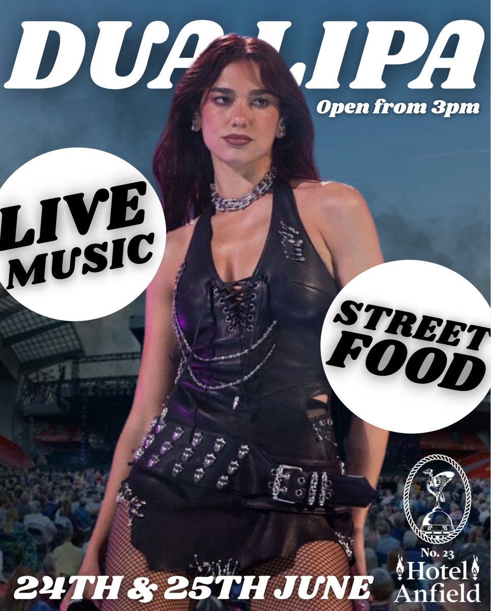 After some great shows from Bruce Springsteen next up playing at Anfield is Dua Lipa 🙌

We will have live music from Bethany Webster 🎶
Street food available by Laros Greek 🌯

Being only 200 yards away from Anfield, open from 3pm we’re the perfect location to visit beforehand