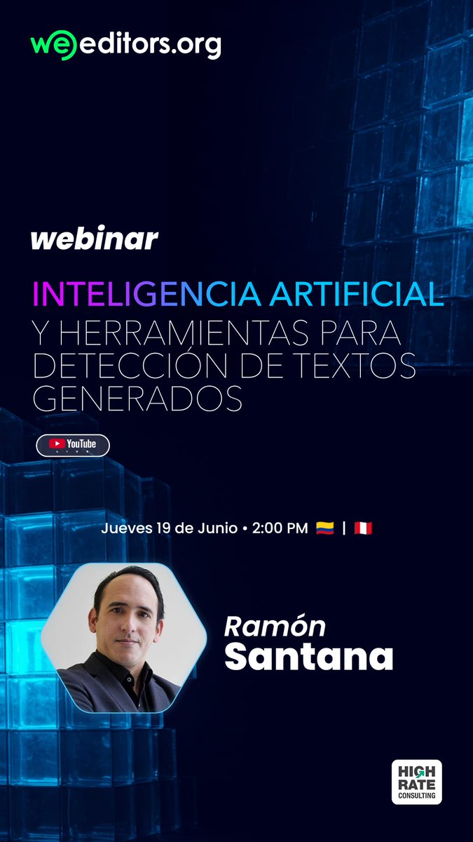 WeEditors (@weeditorsibero) on Twitter photo ¡Invitación!
Webinar Inteligencia Artificial y herramientas para detección de textos generados.
Jueves 19 de junio, Hora (Col): 2:00 p.m.
Registro:
crm.highrateco.com/webinar-regist… ¡Invitación!
Webinar Inteligencia Artificial y herramientas para detección de textos generados.
Jueves 19 de junio, Hora (Col): 2:00 p.m.
Registro:
crm.highrateco.com/webinar-regist…