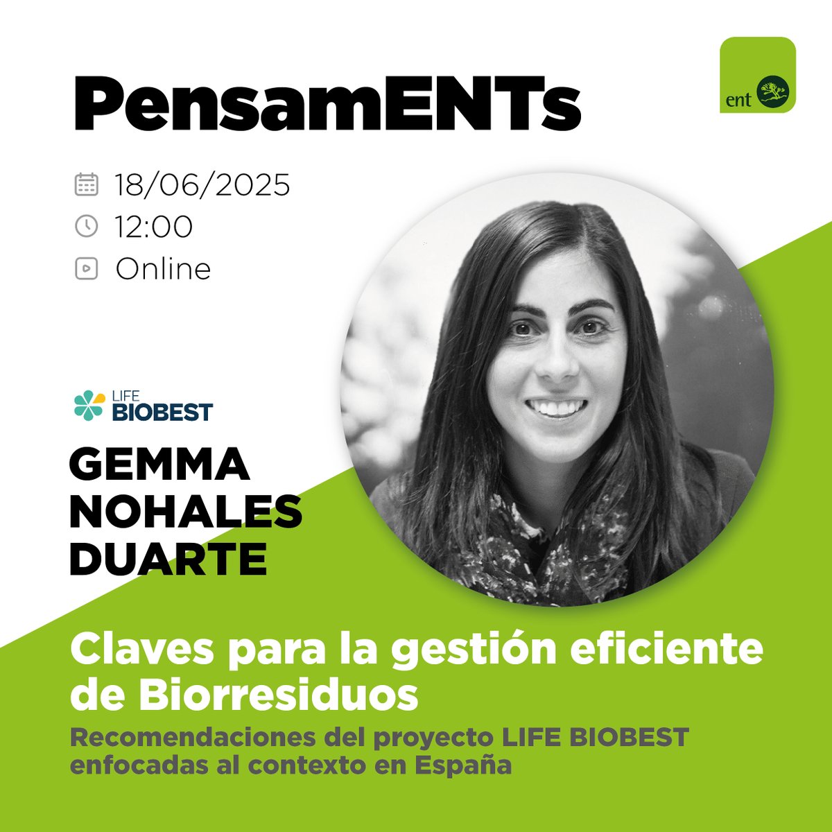 ENTmediambient's tweet image. 🔜 Miércoles tendrá lugar una nueva sesión de PensamENTs
🟢 “Claves para la gestión eficiente de #Biorresiduos: recomendaciones del proyecto #LIFEBIOBEST enfocadas al contexto en España” 🌱
🎟️ Gratuita y abierta a todo el mundo. Hace falta inscribirse 👉 ent.cat/es/esdevenimen…