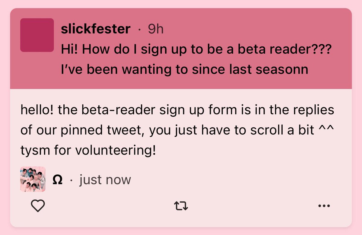 Hi! How do I sign up to be a beta reader??? I’ve been wanting to since last seasonn — hello! the beta-reader sign up form is in the replies of our pinned tweet, you just have to scroll a bit ^^ tysm for volunteering!  neospring.org/+r/19290807005…