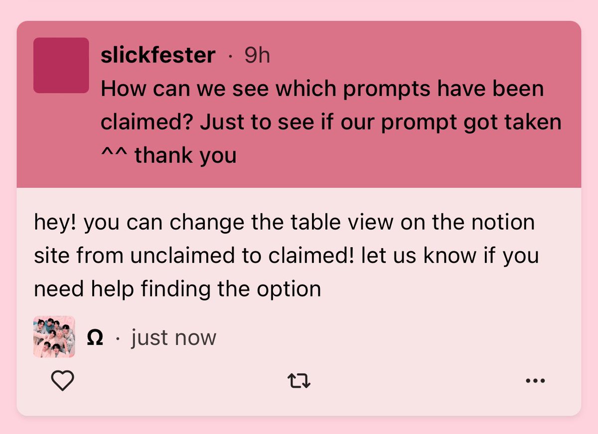 How can we see which prompts have been claimed? Just to see if our prompt got taken ^^ thank you — hey! you can change the table view on the notion site from unclaimed to claimed! let us know if you need help finding the option  neospring.org/+r/19290815303…