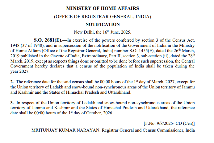 BodhSaurabh's tweet image. 📊 अब तय हो गया है — 2027 में गिने जाएंगे भारतवासी!
केंद्र सरकार ने जनगणना 2027 के लिए राजपत्र अधिसूचना जारी कर दी है।
तैयारी अब शुरू! 🗃️
#census2027  #IndiaCensus #PopulationCount