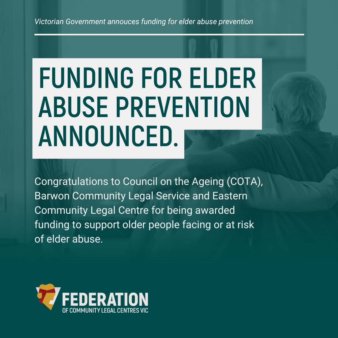 📢 Funding boost for elder abuse prevention in Victoria.

We welcome the new <a href="/VicGovAu/">Victorian Government</a> funding and congratulate <a href="/COTAVictoria/">COTA Victoria</a>, Barwon CLC + <a href="/EasternCLC/">Eastern Community Legal Centre (ECLC)</a> for being awarded funding.

Your support for older Victorians is vital. 

#ElderAbuse #CommunityLawVic #JusticeForAll