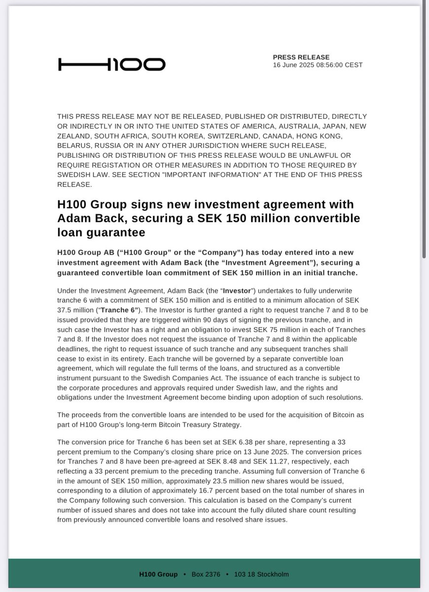 H100 Group (ticker: H100) is preparing to open 3 new tranches, potentially raising up to SEK 750M (~$75M) in addition to what we have communicated. 

The first SEK 150M (~$15M) is now secured through a guaranteed convertible loan by Adam Back in tranche 6.