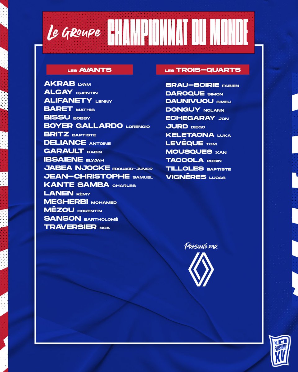 🔥🇫🇷 Voici 𝗹𝗮 𝗹𝗶𝘀𝘁𝗲 des joueurs de #FranceU20 pour le Championnat du Monde qui se déroulera en Italie du 29 juin au 19 juillet ! 
  
#WorldRugbyU20s