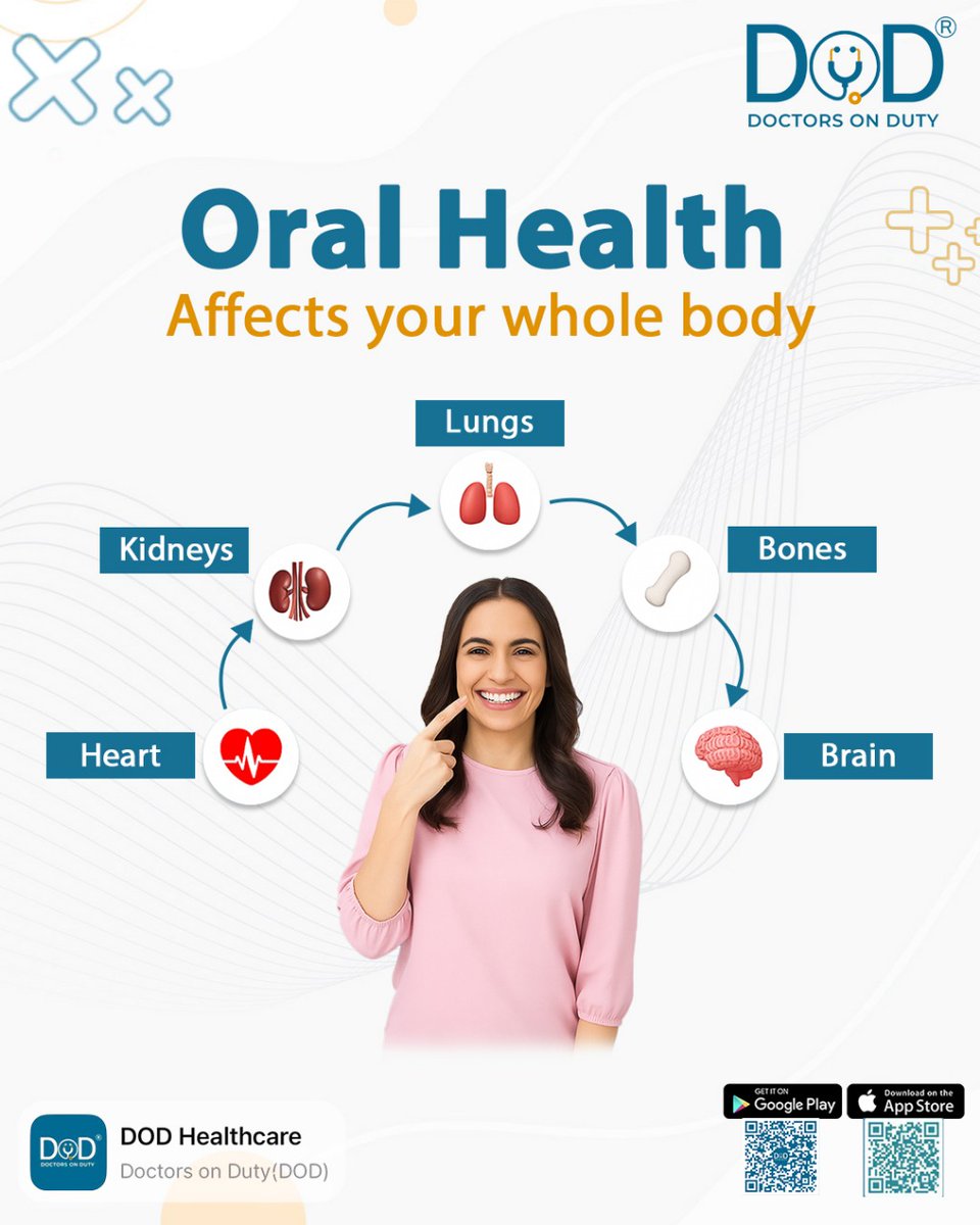 DoctorsOnDuty's tweet photo. 🦷 Oral Health = Overall Health!
Your mouth is the gateway to your body — and poor oral hygiene can impact your heart, kidneys, lungs, bones, and brain. 🫀🧠🫁
Regular checkups can help prevent major health issues. Stay one step ahead of your health with Doctors on Duty (DOD) https://t.co/dWjVFGFmbI