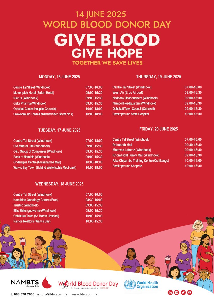 Give Blood, Give Hope: together we save lives. 

Your weekly blood donation schedule. Donate at a clinic near you.

#WBDD #GiveBlood #DonateBloodSaveLives
