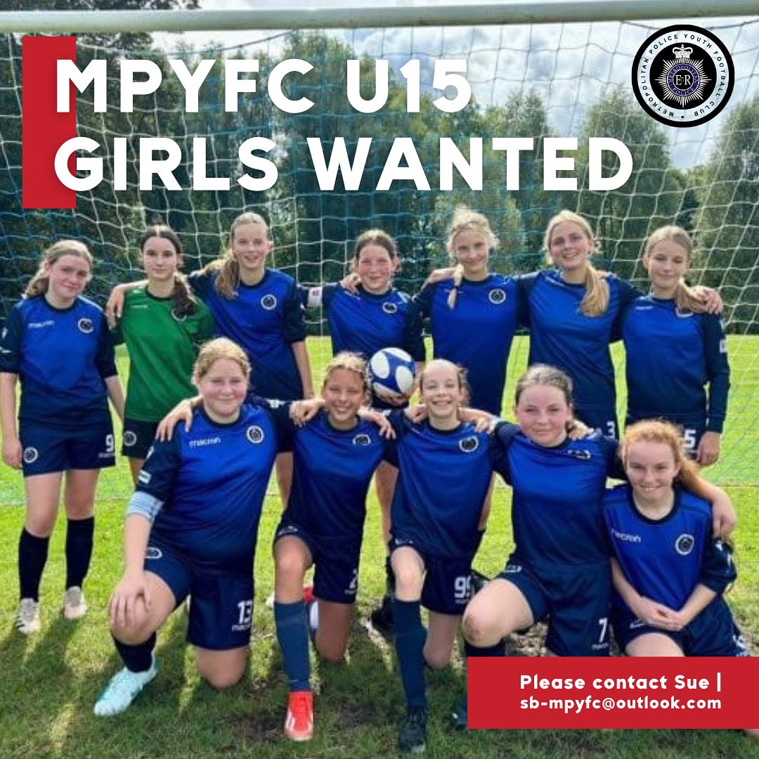 Met Police Youth FC (@mpyfc) on Twitter photo 🔹MPYFC U15s Girls Wanted🔹
__
MPYFC U15 Reds Girls (25/26 season) are looking for players to complement their existing squad (goalkeeper, defenders, and midfielders)⚽️
__
Home ground | Imber Court
Training day | Wednesday evening
__
Please contact Sue: sb-mpyfc@outlook.com📧 🔹MPYFC U15s Girls Wanted🔹
__
MPYFC U15 Reds Girls (25/26 season) are looking for players to complement their existing squad (goalkeeper, defenders, and midfielders)⚽️
__
Home ground | Imber Court
Training day | Wednesday evening
__
Please contact Sue: sb-mpyfc@outlook.com📧