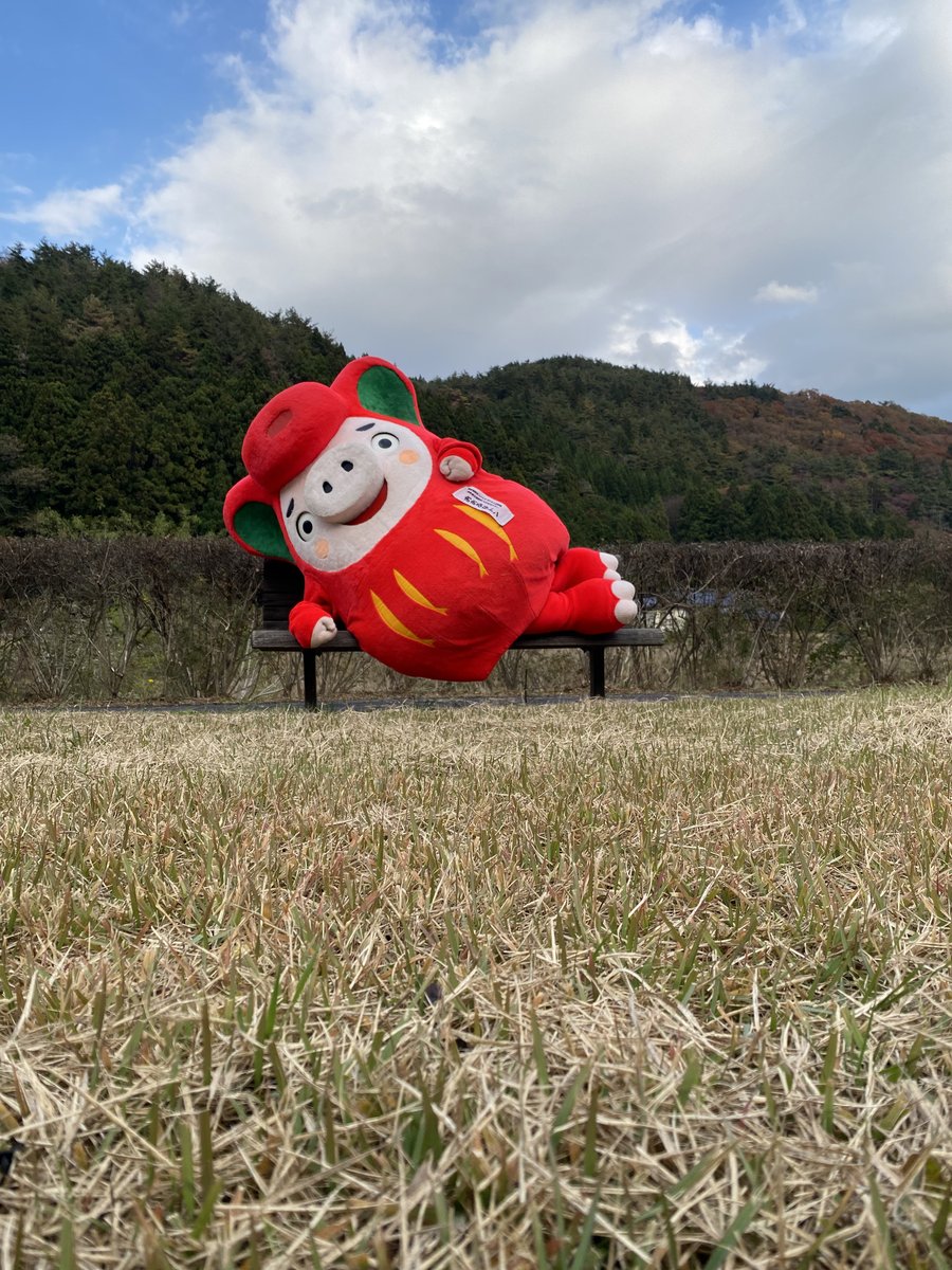 鬼越ふれあい公園のベンチでひと休みトン…🐽
と思ったら、ちょっとサイズが足りなかったトン💦🐽
＃おでかけおおふなトン
＃大船渡市