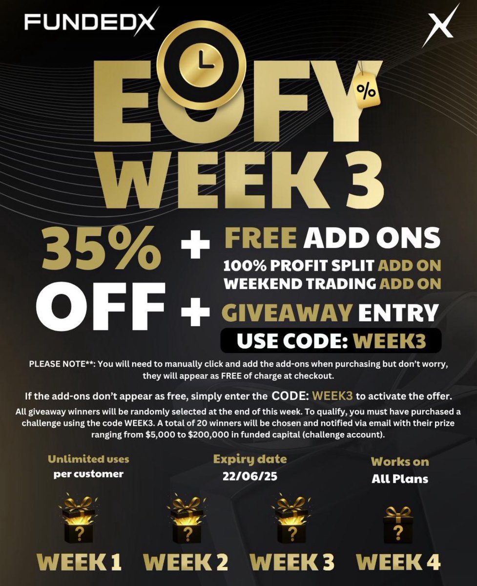 You asked, we delivered. ✅ Check out our Week 3 Promo Traders — funded and flying. Don’t miss your shot to join them. 🚀 #Fundedx

USE CODE WEEK3 For 35% Off All Challenges

cTrader and Tradelocker tinyurl.com/FundedXDiscoun… 

Platform 5 checkout.fundedx.com/?ref=Fundedxpr