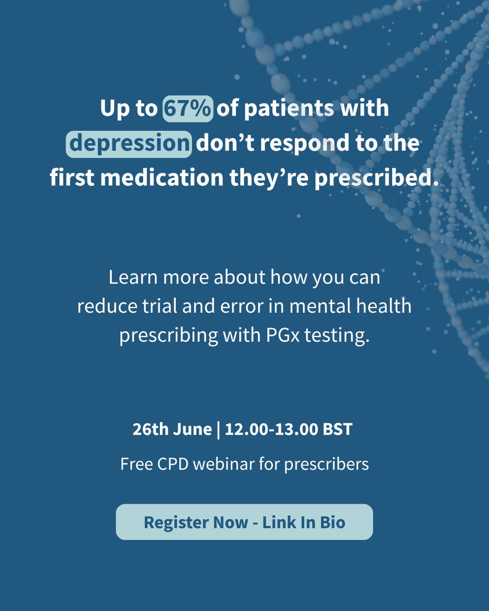 🧠 Prescribers: Still relying on trial and error for mental health medications?
Find out how PGx testing can help you prescribe with confidence and improve outcomes.
📅 26 June | 🕐 12:00 BST | 💻 Free online webinar events.teams.microsoft.com/event/1a202624…