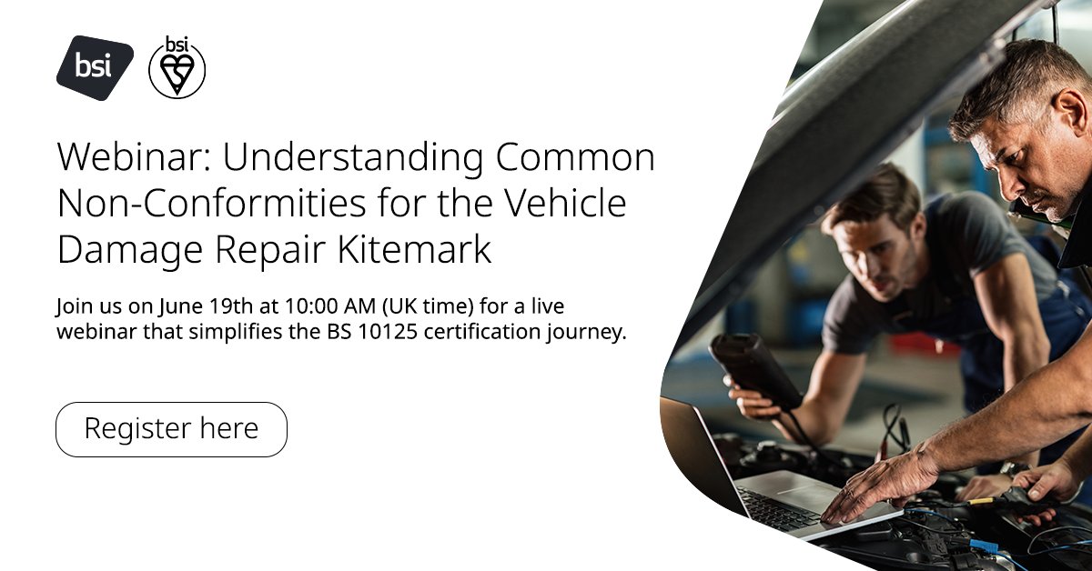 Register here: bit.ly/43Aka9v  Ask Dean Markwell your questions on June 19th at 10:00 AM (UK time) for a live webinar that simplifies the BS 10125 Kitemark certification for vehicle repair workshops.
