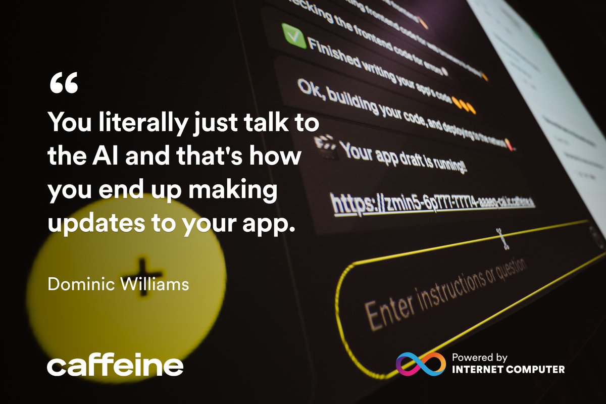 🗣️ "You literally just talk to the AI and that's how you end up making updates to your app." - <a href="/dominic_w/">dom.icp ∞</a> 

No more:

❌ Sprint planning
❌ Code reviews
❌ Deployment pipelines
❌ Testing phases

Just: "Hey, add a login button" → Done.

Software development just became a