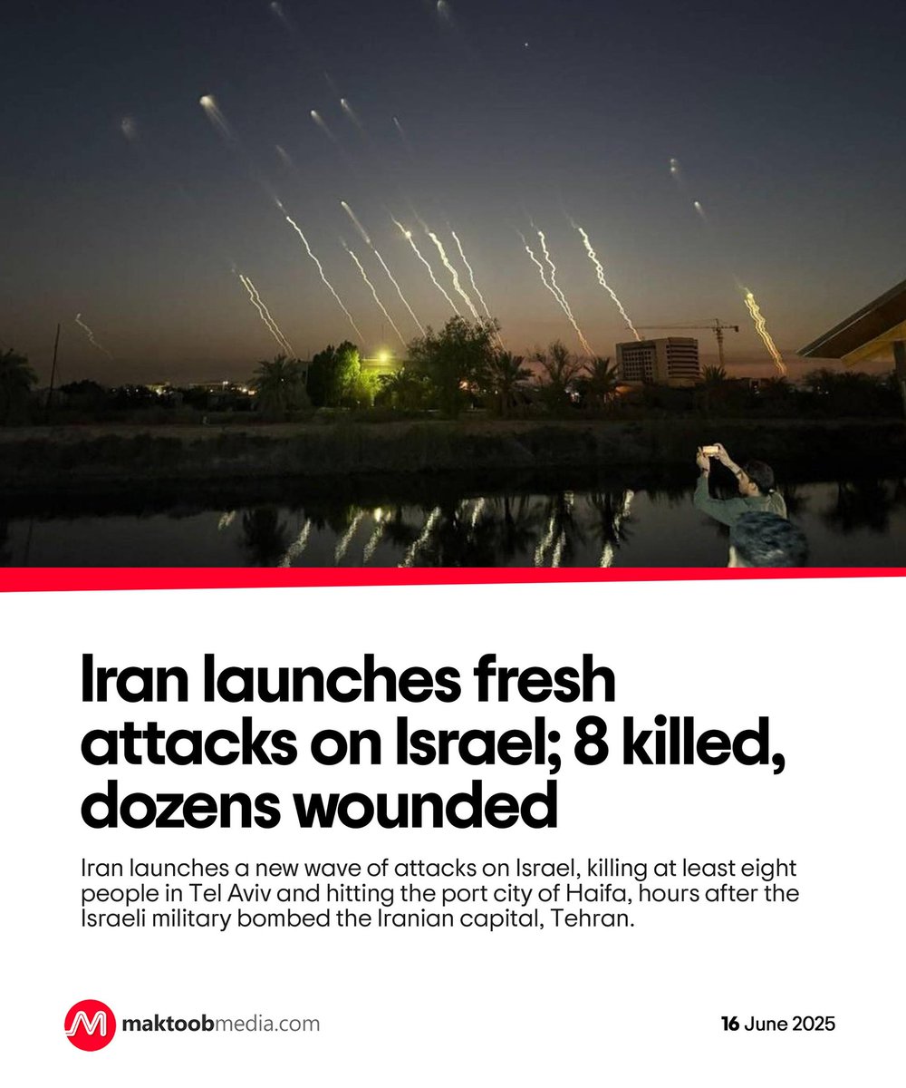 Iran launches a new wave of attacks on Israel, killing at least eight people in Tel Aviv and hitting the port city of Haifa, hours after the Israeli military bombed the Iranian capital, Tehran.

maktoobmedia.com/world/iran-lau…
