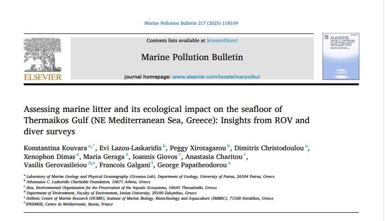 Kouvara K, Lazou-Laskaridis E, Xirotagarou P, Christodoulou D, Dimas X, Charitou A, Gerovasileiou V. Assessing marine litter and its ecological impact on the seafloor of Thermaikos Gulf (NE Mediterranean Sea, Greece): Insights from ROV and diver surveys. doi.org/10.1016/j.marp…