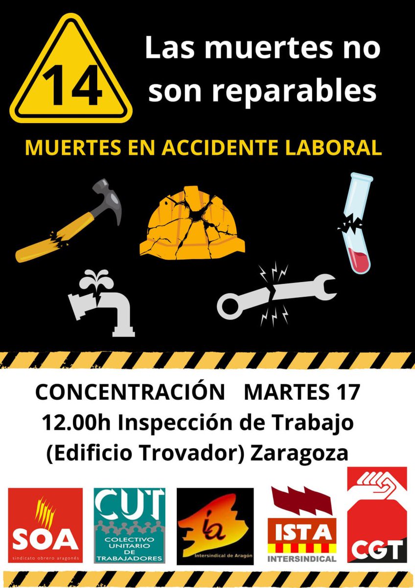 👉OTRA MUERTE EN ACCIDENTE LABORAL EN ARAGÓN 
👉 Nos concentraremos el martes 17 a las 12.00 en Inspección de Trabajo (Edificio Trovador)
➡️1️⃣4️⃣muertos en Aragón en 2025