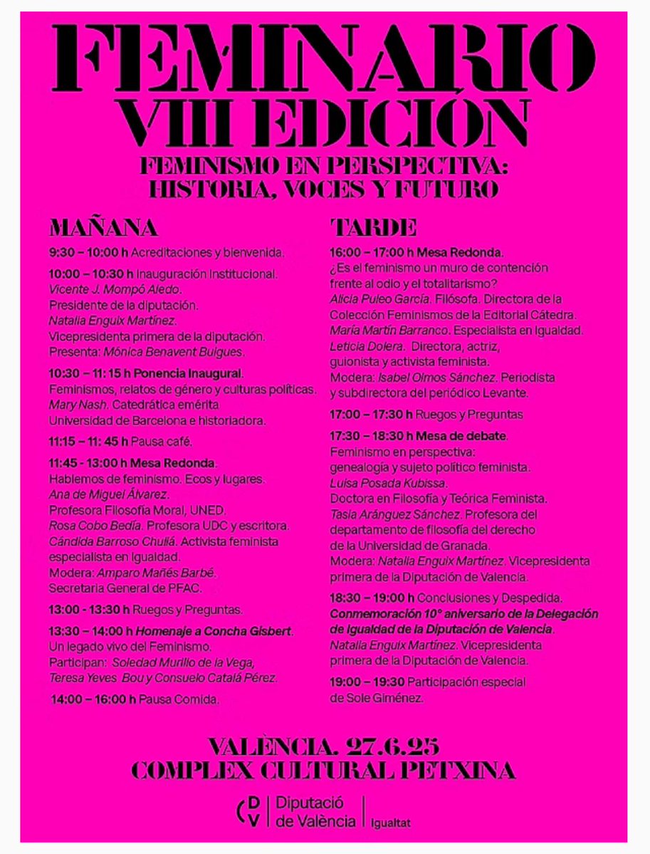 Clásicas y Modernas (@cym_tw) on Twitter photo Feminario Valencia 2025 VIII Edición
FEMINISMO CON PERSPECTIVA: HISTORIA, VOCES Y FUTURO
Nuestra socia, María Martín (<a href="/generoenaccion/">María Martín</a>) participará en la mesa redonda
Organiza: <a href="/IgualtatVLC/">Igualtat - València</a>. Diputación de Valencia <a href="/dipvalencia/">Diputació de València</a>
🗓️27 de junio 📍Centro Cultural La Petxina Feminario Valencia 2025 VIII Edición
FEMINISMO CON PERSPECTIVA: HISTORIA, VOCES Y FUTURO
Nuestra socia, María Martín (<a href="/generoenaccion/">María Martín</a>) participará en la mesa redonda
Organiza: <a href="/IgualtatVLC/">Igualtat - València</a>. Diputación de Valencia <a href="/dipvalencia/">Diputació de València</a>
🗓️27 de junio 📍Centro Cultural La Petxina