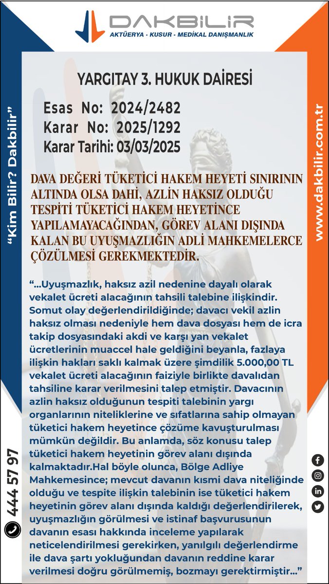 Dakbilircom's tweet image. DAVA DEĞERİ TÜKETİCİ HAKEM HEYETİ SINIRININ ALTINDA OLSA DAHİ, AZLİN HAKSIZ OLDUĞU TESPİTİ TÜKETİCİ HAKEM HEYETİNCE YAPILAMAYACAĞINDAN, GÖREV ALANI DIŞINDA KALAN BU UYUŞMAZLIĞIN ADLİ MAHKEMELERCE ÇÖZÜLMESİ GEREKMEKTEDİR. #tüketici  #hakem #heyeti  #uyuşmazlık #yerel #mahkeme