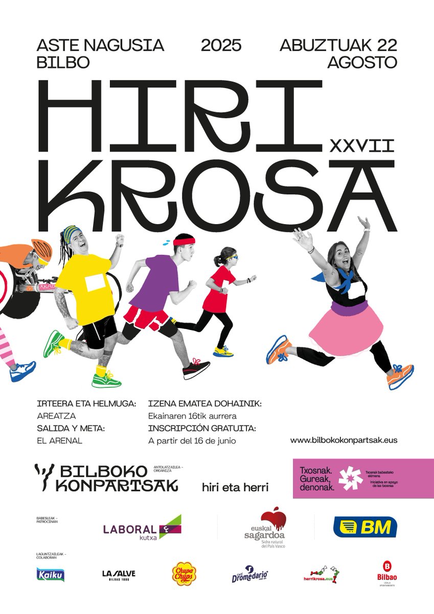 Aurten ere #HiriKrosa25 ! 🏃‍♀️🏃🏃‍♂️🏃‍♀️
Abuztuaren 22an, Areatzan 17:00etatik aurrera.
Izen-ematea dohainik: buff.ly/qVnRyYc

#BilbokoKonpartsak
#HirietaHerri