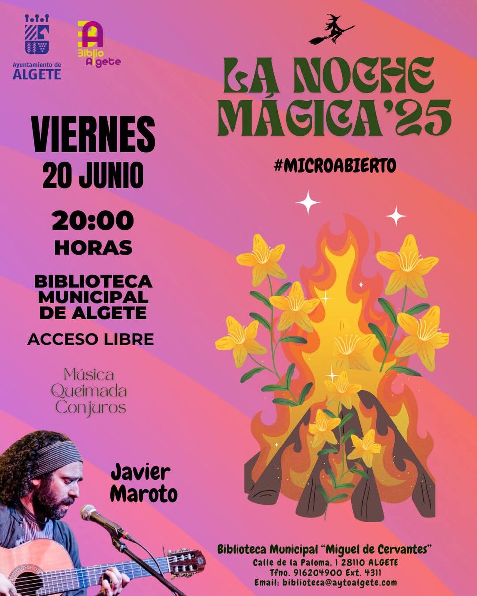 Viernes, 20 de junio// 20:00 h.
Biblioteca Municipal de Algete

Ven a celebrar con nosotros la noche más corta del año!!  Recoge tu invitación en Biblioteca de Algete y prepárate para disfrutar de una NOCHE MÁGICA llena de música, hechizos, poesía, teatro y algunas sorpresas más